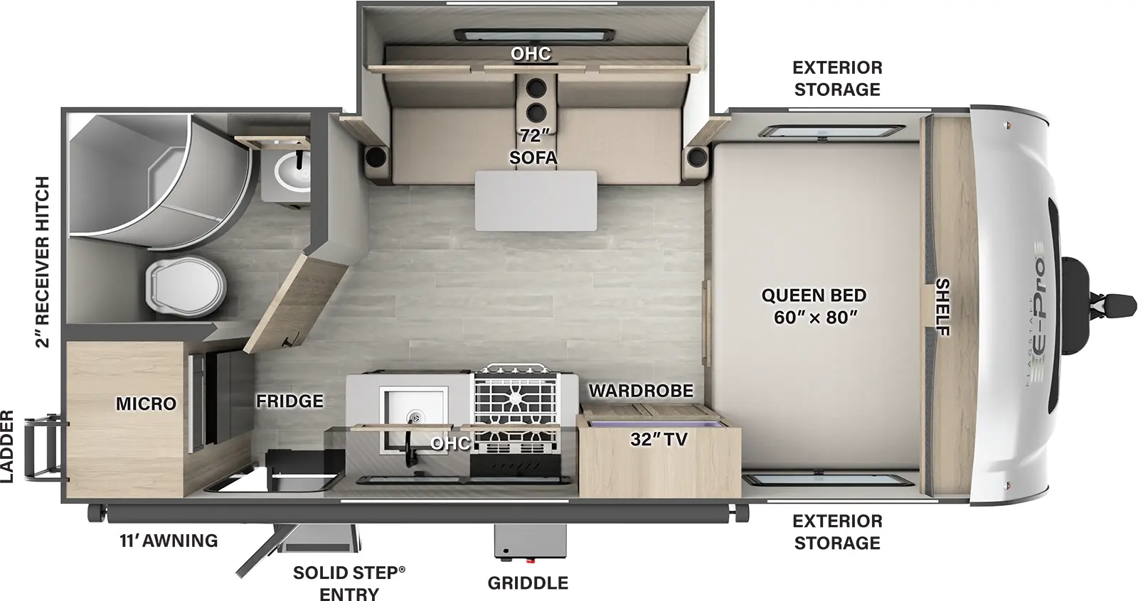 The E19FBS has one slide out and 1 entry. Exterior features storage, rear ladder, 2 inch receiver hitch, griddle, solid step entry, and 11 foot awning. Interior layout front to back: side-facing queen bed with shelf above; off-door side slide out with sofa, table, and overhead cabinet; door side wardrobe with TV, kitchen countertop with cooktop, sink, overhead cabinet, and entry;  rear door side refrigerator and microwave; rear off-door side full bathroom.